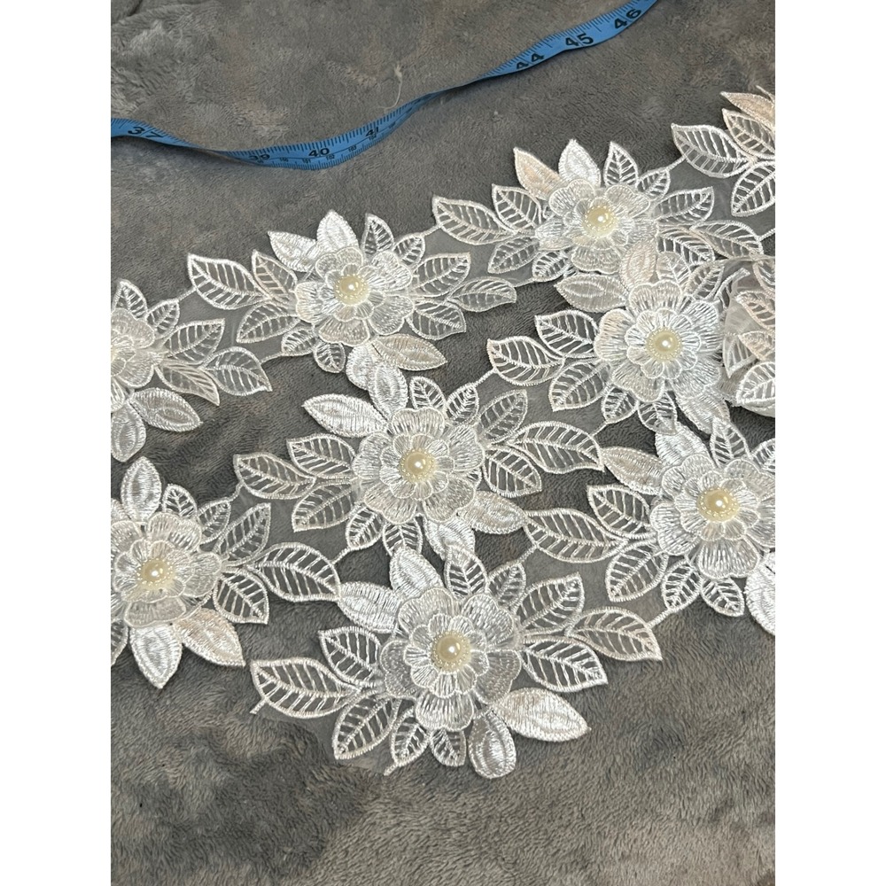 White Floral Pearl Lace Applique Trim 44" Bridal Wedding Dress Sewing Craft